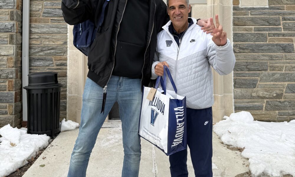 Hall of Famer and former Villanova head coach Jay Wright poses for a picture with nine-year NBA veteran Boban Marjanović. Image courtesy of Jay Wright's Twitter (X) account.