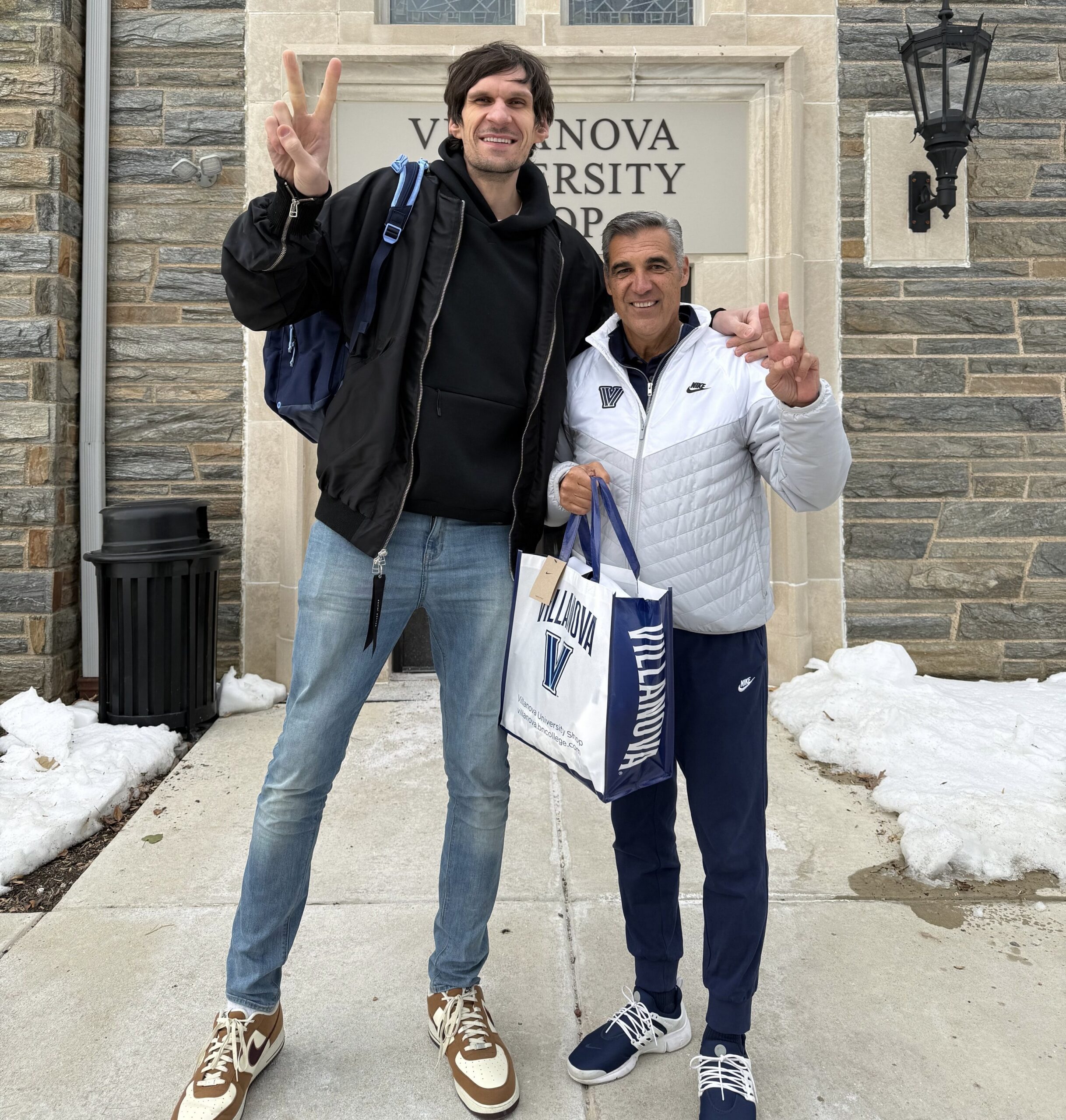 Hall of Famer and former Villanova head coach Jay Wright poses for a picture with nine-year NBA veteran Boban Marjanović. Image courtesy of Jay Wright's Twitter (X) account.