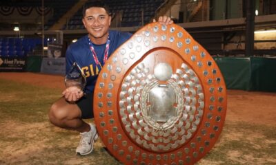 Phillies' infield/outfield prospect Devin Saltiban poses after winning the Australian Baseball League title and Championship MVP honors with the Adelaide Giants. Image courtesy of Adelaide Giants' Instagram account