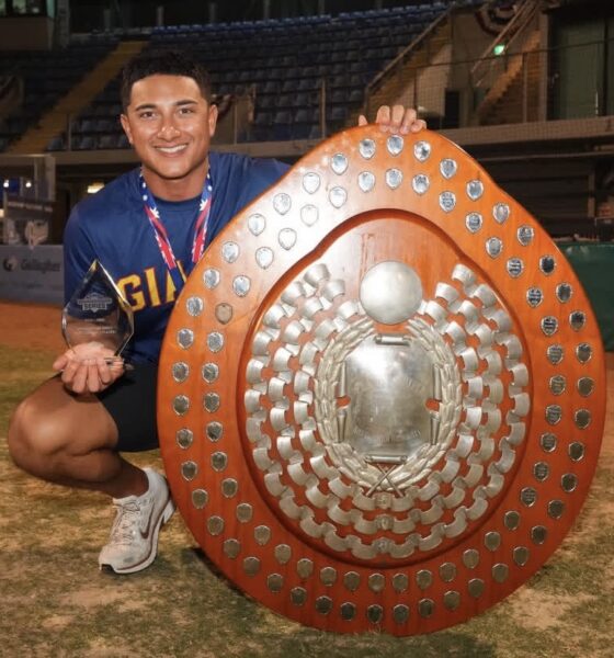 Phillies' infield/outfield prospect Devin Saltiban poses after winning the Australian Baseball League title and Championship MVP honors with the Adelaide Giants. Image courtesy of Adelaide Giants' Instagram account