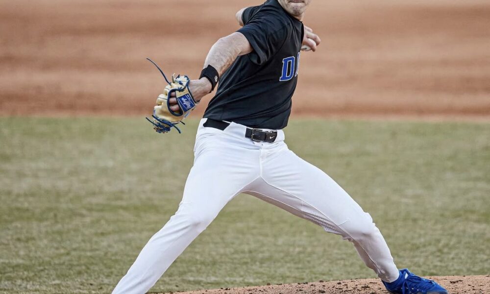 Phillies left-handed pitching prospect James Tallon winds up during a game for the Duke Blue Devils. Image courtesy of dukebase's Instagram account.