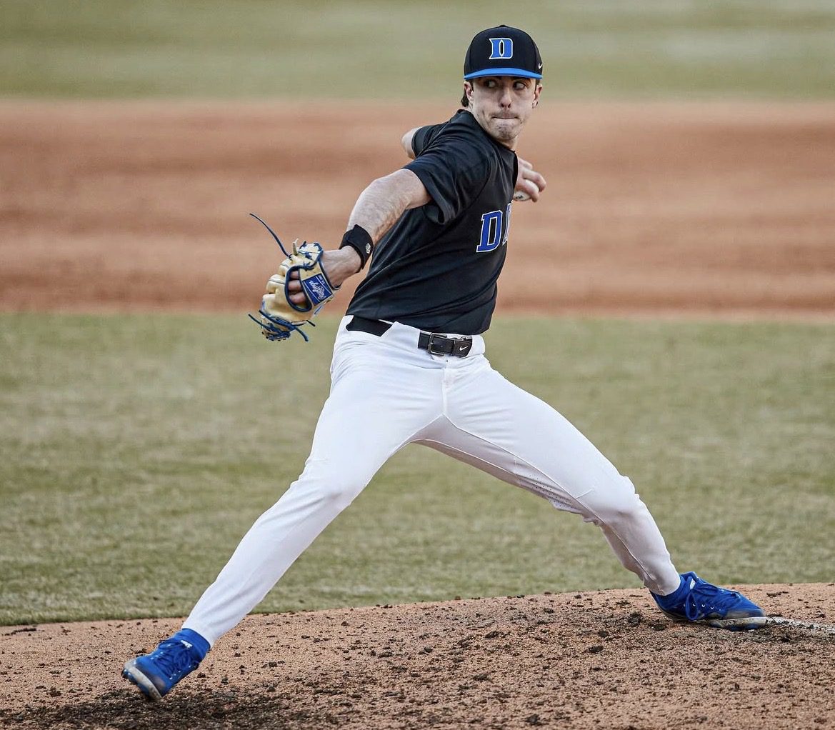 Phillies left-handed pitching prospect James Tallon winds up during a game for the Duke Blue Devils. Image courtesy of dukebase's Instagram account.
