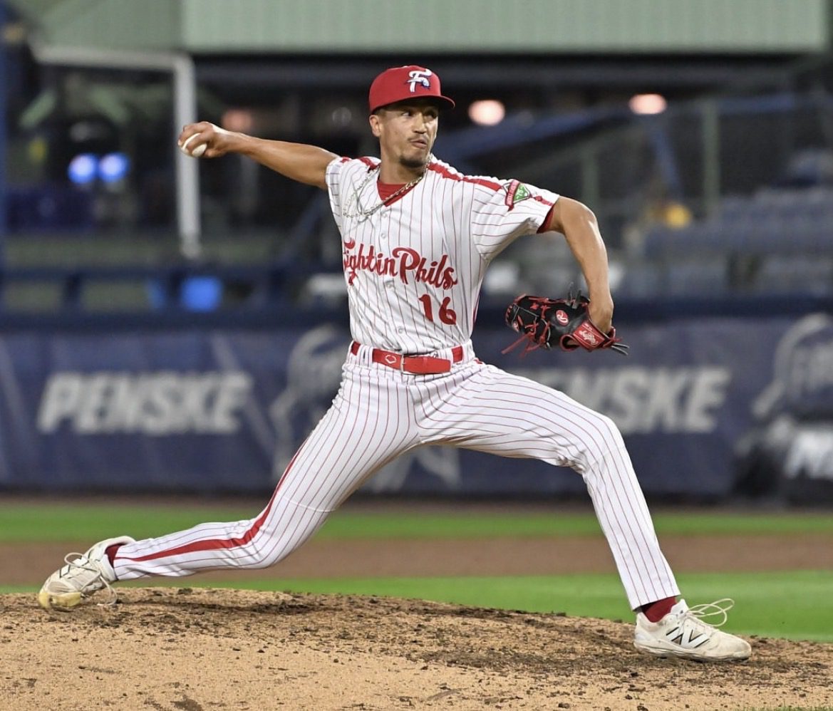 Phillies' right-handed pitching prospect Alex McFarlane. Image courtesy of Fightins' Instagram account