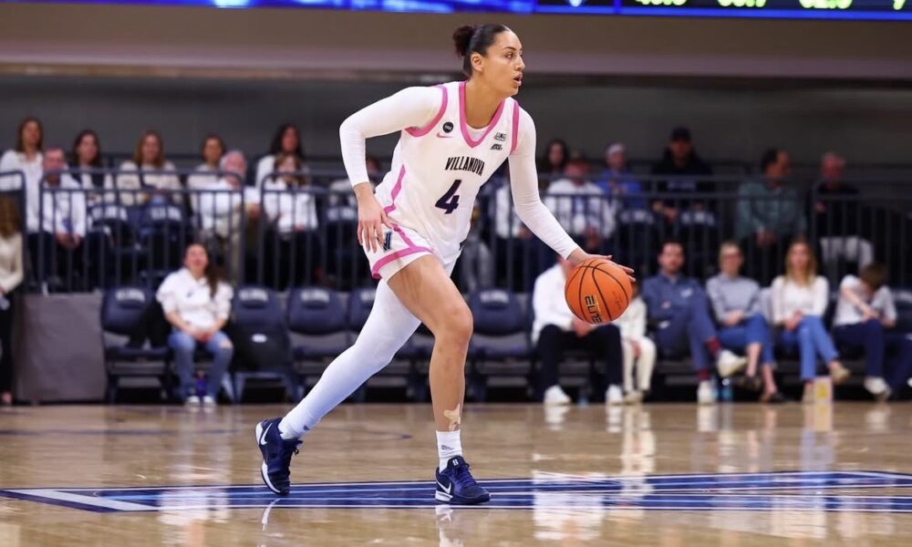 Villanova forward Kylee Watson dribbles during the first half of the Wildcats' Feb. 18 game against UConn. Image courtesy of Nova WBB's Instagram account.