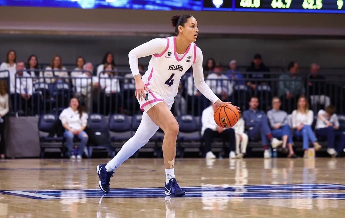 Villanova forward Kylee Watson dribbles during the first half of the Wildcats' Feb. 18 game against UConn. Image courtesy of Nova WBB's Instagram account.