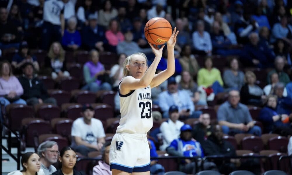 Villanova junior guard Kelsey Joens takes a shot during the Big East Tournament. Image courtesy of Nova WBB's Instagram account