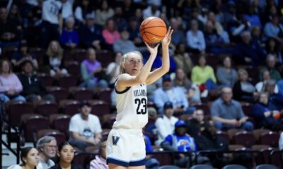 Villanova junior guard Kelsey Joens takes a shot during the Big East Tournament. Image courtesy of Nova WBB's Instagram account