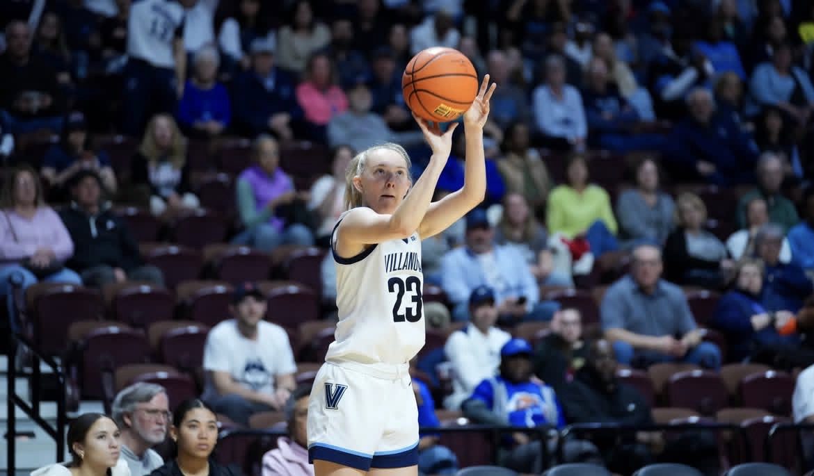 Villanova junior guard Kelsey Joens takes a shot during the Big East Tournament. Image courtesy of Nova WBB's Instagram account