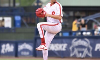 Phillies right-handed pitching prospect Jean Cabrera winds up for the Reading Fightin' Phils. Image courtesy of Fightins' Instagram account.