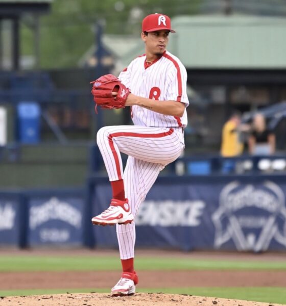 Phillies right-handed pitching prospect Jean Cabrera winds up for the Reading Fightin' Phils. Image courtesy of Fightins' Instagram account.