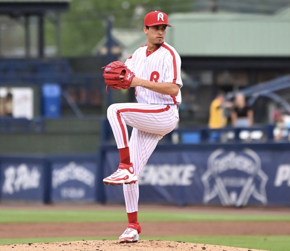 Phillies right-handed pitching prospect Jean Cabrera winds up for the Reading Fightin' Phils. Image courtesy of Fightins' Instagram account.