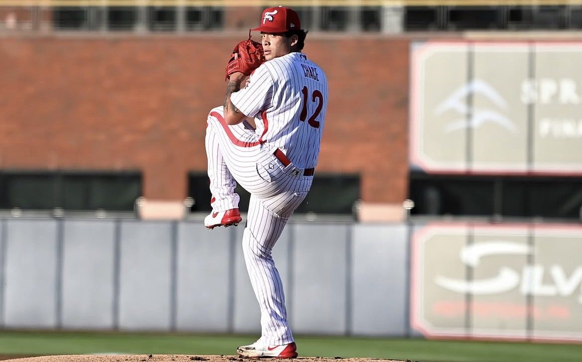 Phillies right-handed pitching prospect Moisés Chace winds up for the Reading Fightin' Phils. Image courtesy of Fightins' Instagram account.