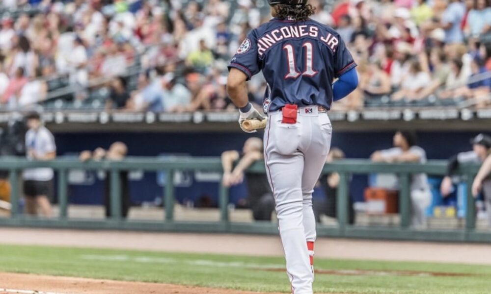Phillies outfield prospect Gabriel Rincones Jr. concludes an at-bat for the Lehigh Valley Iron Pigs. Image courtesy of Gabriel Rincones Jr.'s Instagram account.