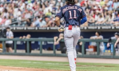 Phillies outfield prospect Gabriel Rincones Jr. concludes an at-bat for the Lehigh Valley Iron Pigs. Image courtesy of Gabriel Rincones Jr.'s Instagram account.
