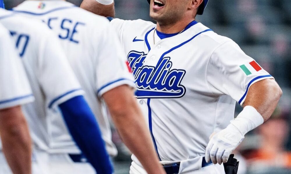 2024 Phillies first round draft pick and outfield prospect Dante Nori celebrates with Team Italy during the World Baseball Classic. Image courtesy of Daikin Park's Instagram account