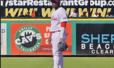 Phillies infield prospect Aroon Escobar gets defensive reps during a spring training game. Image courtesy of Aroon Escobar's Instagram account.