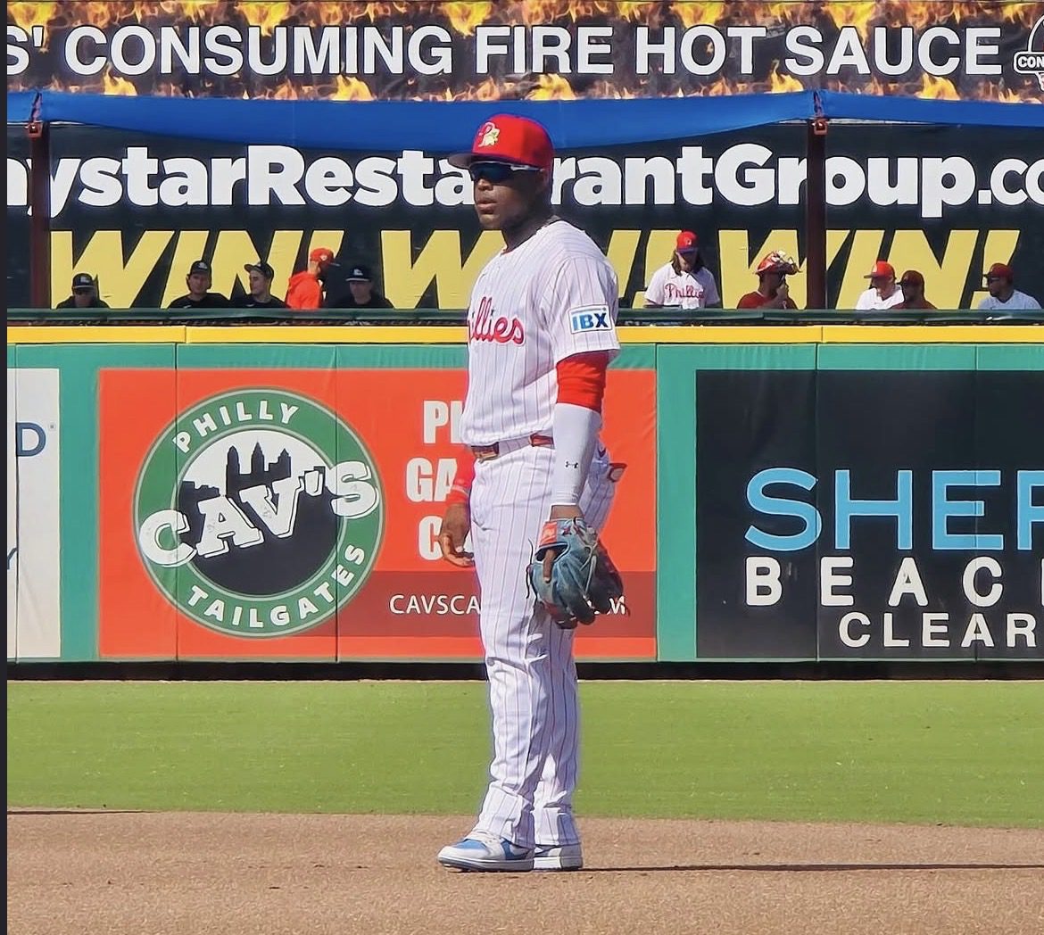 Phillies infield prospect Aroon Escobar gets defensive reps during a spring training game. Image courtesy of Aroon Escobar's Instagram account.