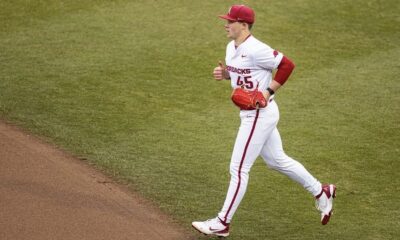 Phillies 2025 first round pick and right-handed pitching prospect Gage Wood takes the mound during his time at Arkansas. Image courtesy of Gage Wood's Instagram account.