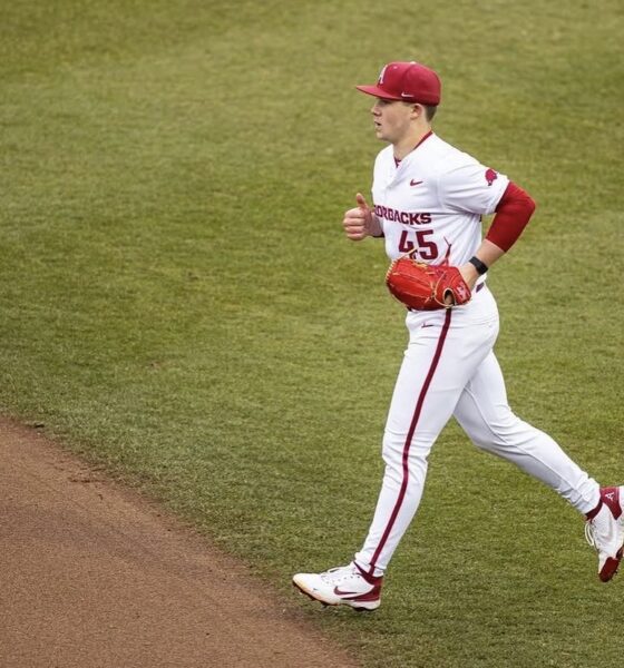 Phillies 2025 first round pick and right-handed pitching prospect Gage Wood takes the mound during his time at Arkansas. Image courtesy of Gage Wood's Instagram account.