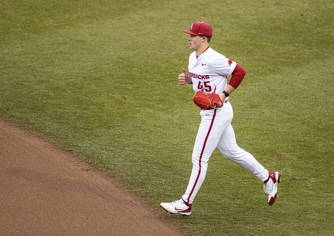 Phillies 2025 first round pick and right-handed pitching prospect Gage Wood takes the mound during his time at Arkansas. Image courtesy of Gage Wood's Instagram account.