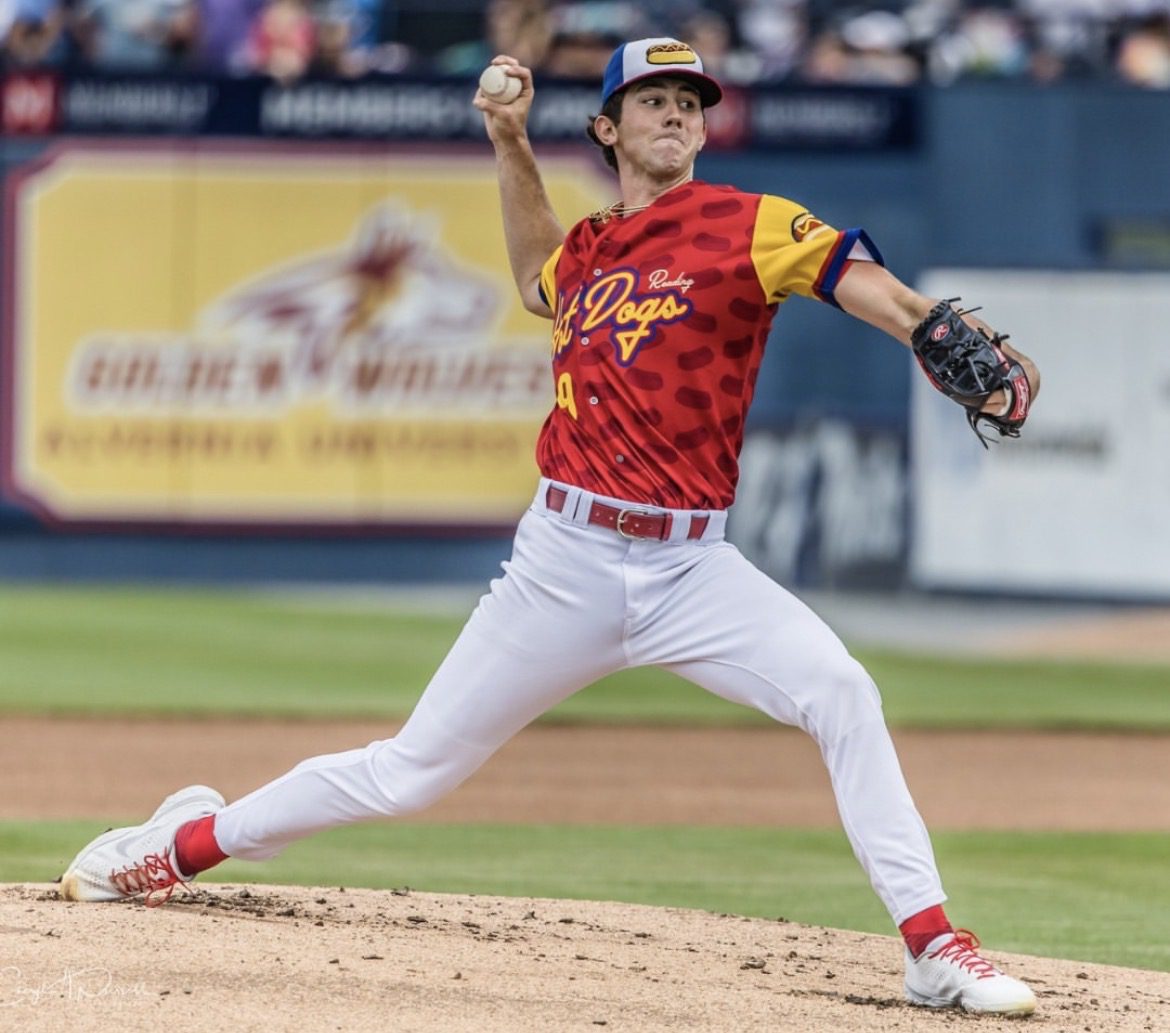 Phillies top right-handed pitching prospect and opening day roster member Andrew Painter delivers a pitch for Double-A Reading. Image courtesy of fightins' Instagram account.