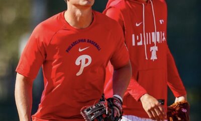 Phillies top prospect Aidan Miller shadows fellow shortstop Trea Turner during Spring Training. Image courtesy of Phillies' Instagram account.
