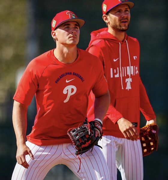 Phillies top prospect Aidan Miller shadows fellow shortstop Trea Turner during Spring Training. Image courtesy of Phillies' Instagram account.