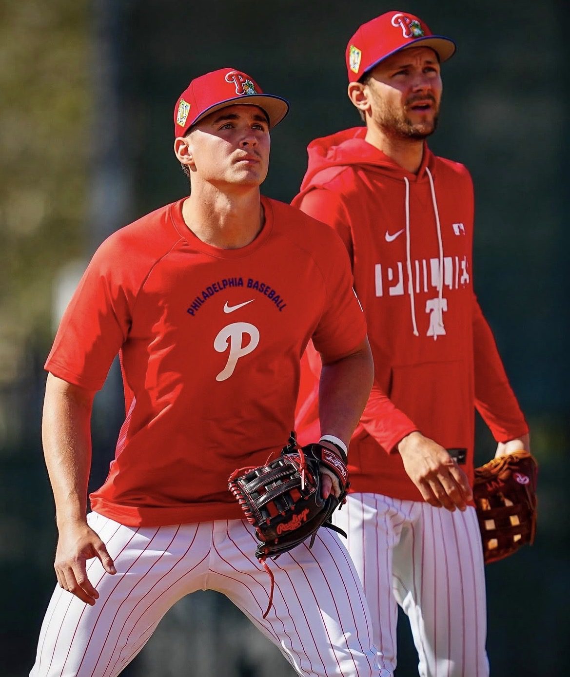 Phillies top prospect Aidan Miller shadows fellow shortstop Trea Turner during Spring Training. Image courtesy of Phillies' Instagram account.
