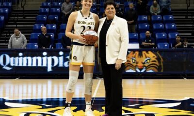 Villanova transfer Anna Foley poses with Quinnipiac head coach Tricia Fabbri after scoring her 1,000th career point. Image courtesy of Quinnipiac University Women's Basketball's Instagram account.