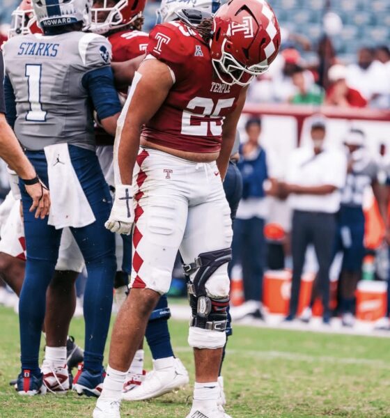 Temple Football product Cam'Ron Stewart celebrates after a play. Image courtesy of Cam'Ron Stewart's Instagram account.