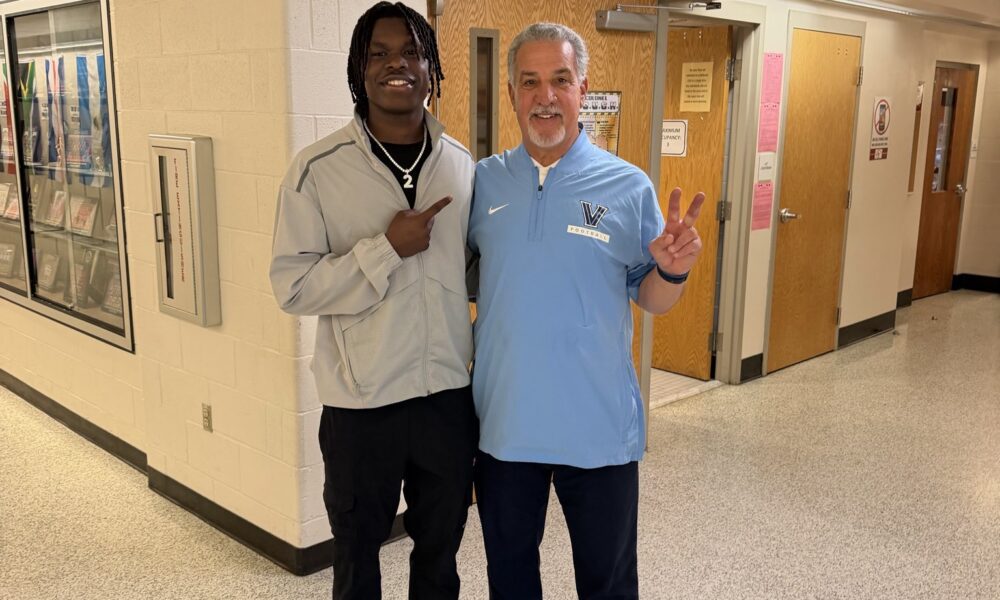 Villanova Football recruiting target Ja'Zir Dickerson poses for a picture with WIldcats' head coach Mark Ferrante. Image courtesy of Ja'Zir Dickerson's Twitter (X) account.