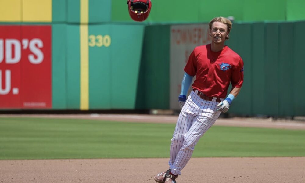 Phillies undrafted free agent Tyler Pettorini celebrates after a walk-off single for the Clearwater Threshers. Image courtesy of threshersbaseball's Instagram account