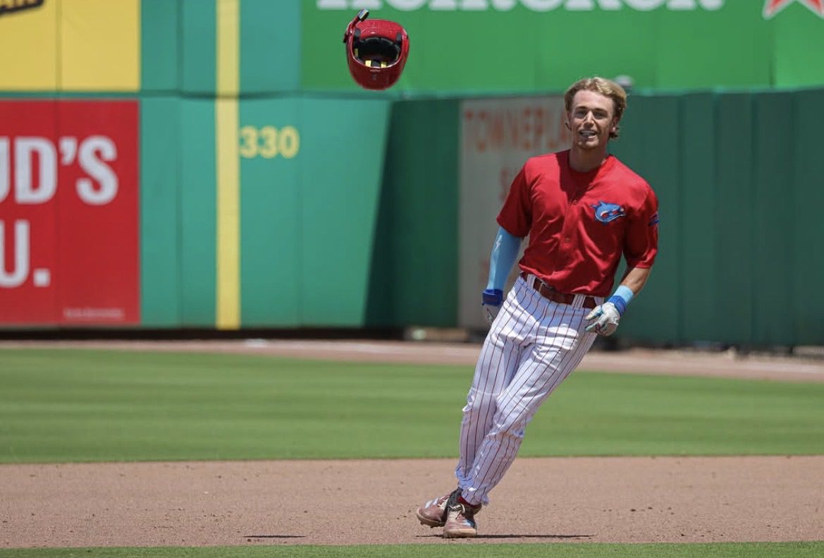 Phillies undrafted free agent Tyler Pettorini celebrates after a walk-off single for the Clearwater Threshers. Image courtesy of threshersbaseball's Instagram account