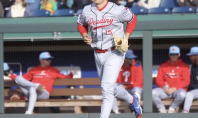 Phillies top pitching prospect Gage Wood trots out of the dugout with Double-A Reading. Image courtesy of Fightins' Instagram account.