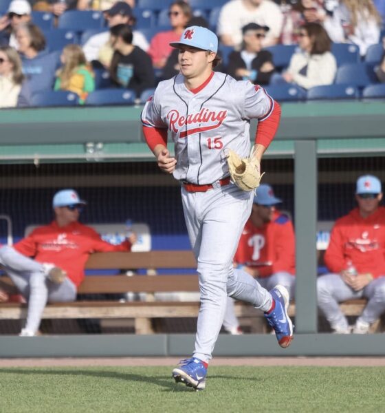 Phillies top pitching prospect Gage Wood trots out of the dugout with Double-A Reading. Image courtesy of Fightins' Instagram account.