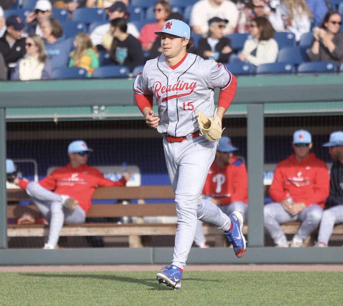 Phillies top pitching prospect Gage Wood trots out of the dugout with Double-A Reading. Image courtesy of Fightins' Instagram account.