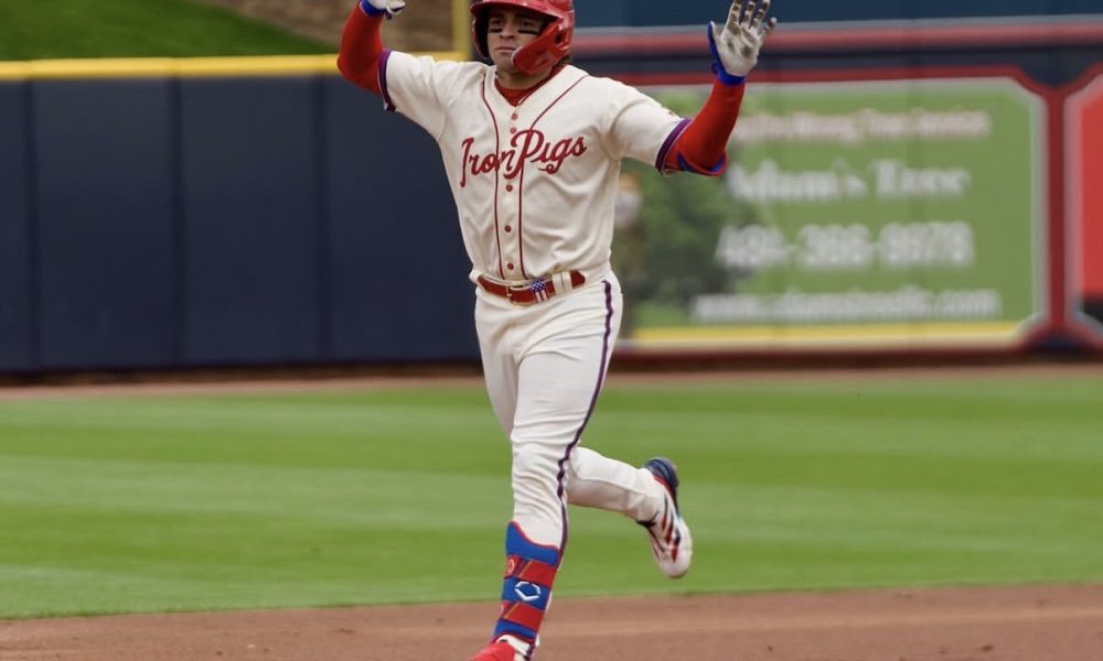 Phillies prospect Christian Cairo celebrates after a home run. Image courtesy of Lehigh Valley IronPigs' Instagram account