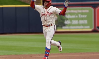 Phillies prospect Christian Cairo celebrates after a home run. Image courtesy of Lehigh Valley IronPigs' Instagram account