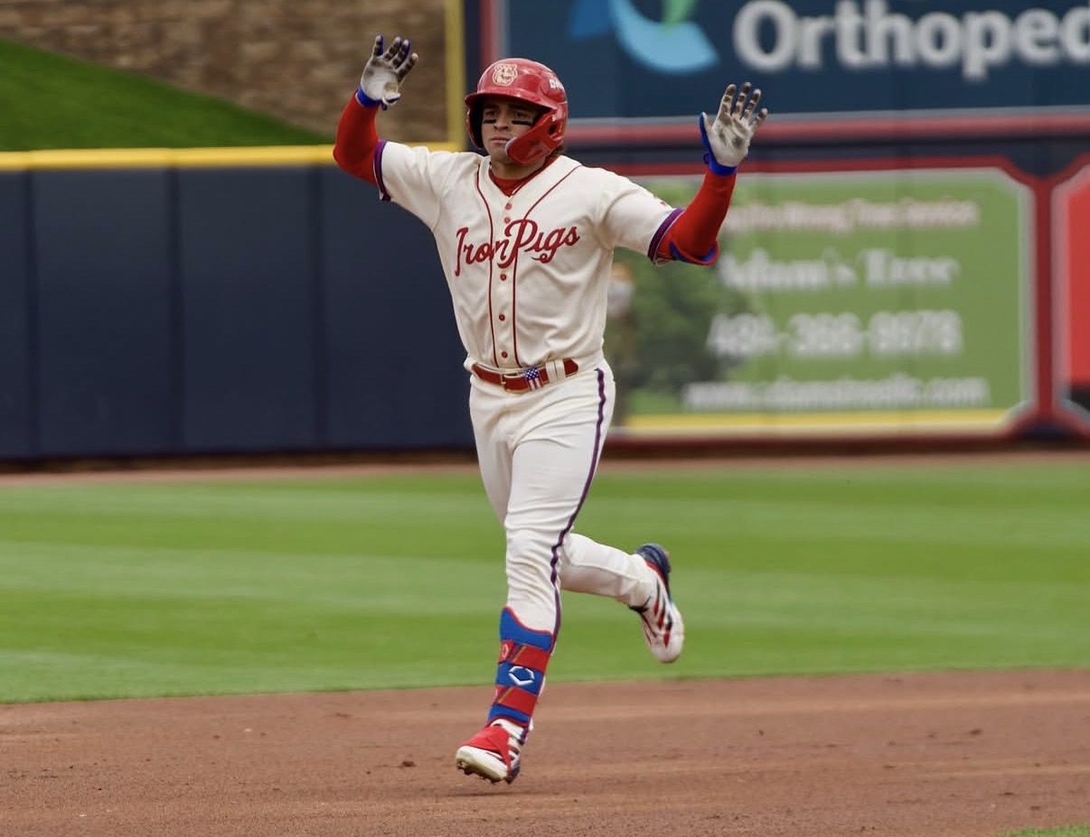 Phillies prospect Christian Cairo celebrates after a home run. Image courtesy of Lehigh Valley IronPigs' Instagram account