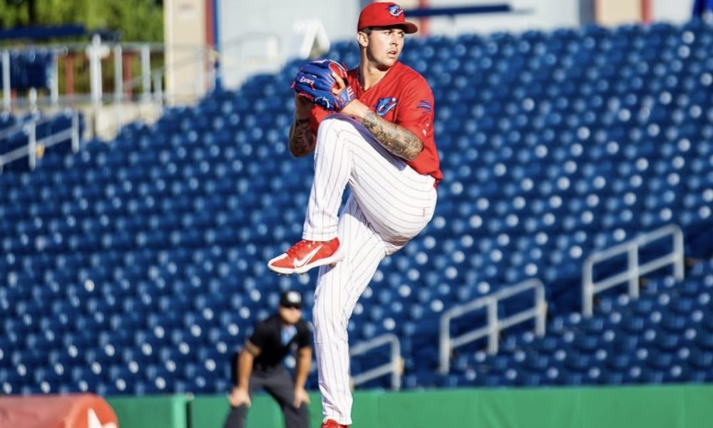 Phillies' right-handed pitchign prospect Tanner Gresham winds up while with Single-A Clearwater. Image courtesy of Tanner Gresham's Instagram account.