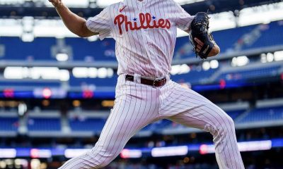 Phillies' veteran right-hander Aaron Nola delivers a pitch. Image courtesy of Phillies' Instagram account