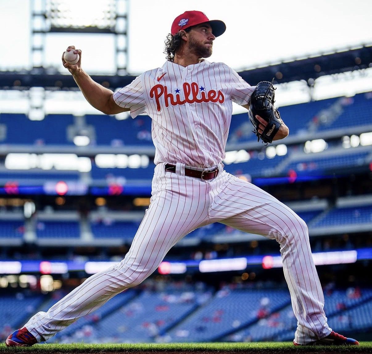 Phillies' veteran right-hander Aaron Nola delivers a pitch. Image courtesy of Phillies' Instagram account