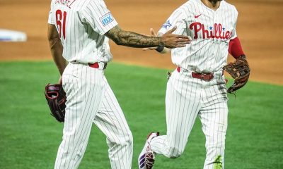 Phillies' left-handed starter Cristopher Sánchez high-fives shortstop Trea Turner. Image courtesy of Phillies' Instagram account.
