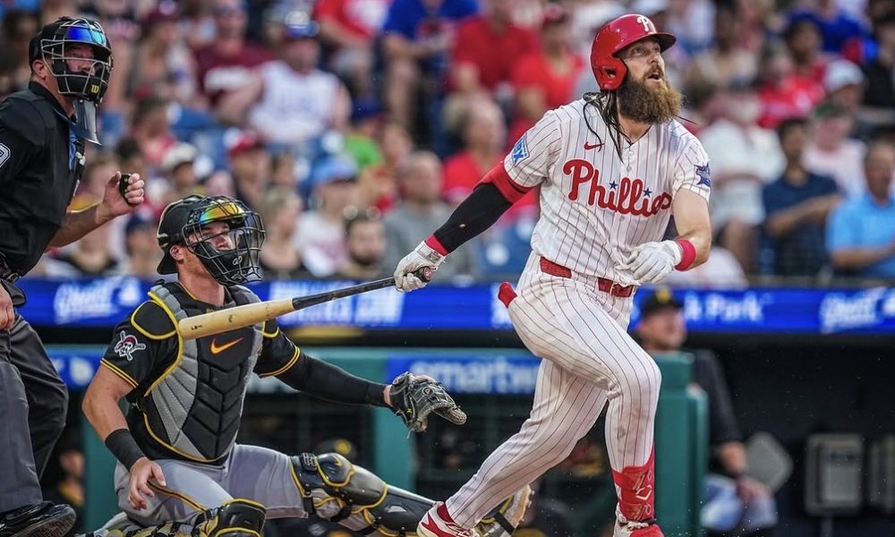 Phillies outfielder Brandon Marsh watches his home run sail out of the park on Wednesday, July 1. Image courtesy of Phillies' Instagram account.