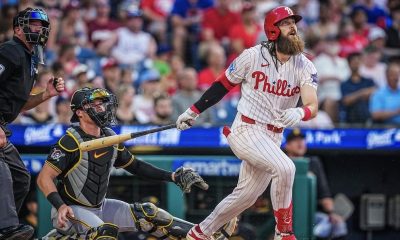 Phillies outfielder Brandon Marsh watches his home run sail out of the park on Wednesday, July 1. Image courtesy of Phillies' Instagram account.