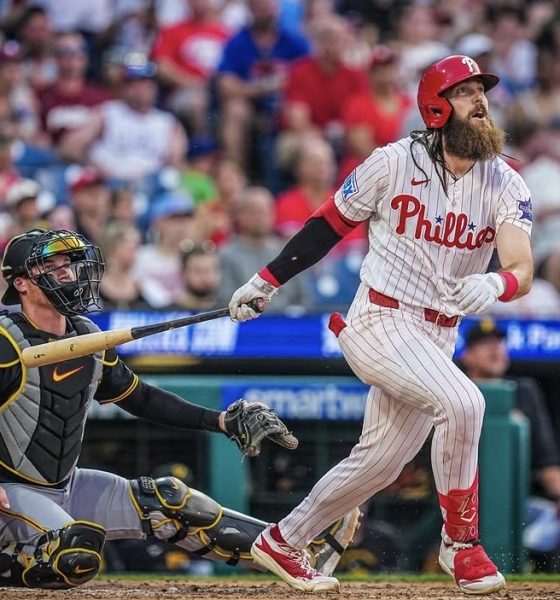 Phillies outfielder Brandon Marsh watches his home run sail out of the park on Wednesday, July 1. Image courtesy of Phillies' Instagram account.