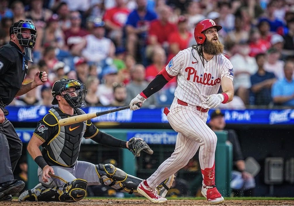 Phillies outfielder Brandon Marsh watches his home run sail out of the park on Wednesday, July 1. Image courtesy of Phillies' Instagram account.