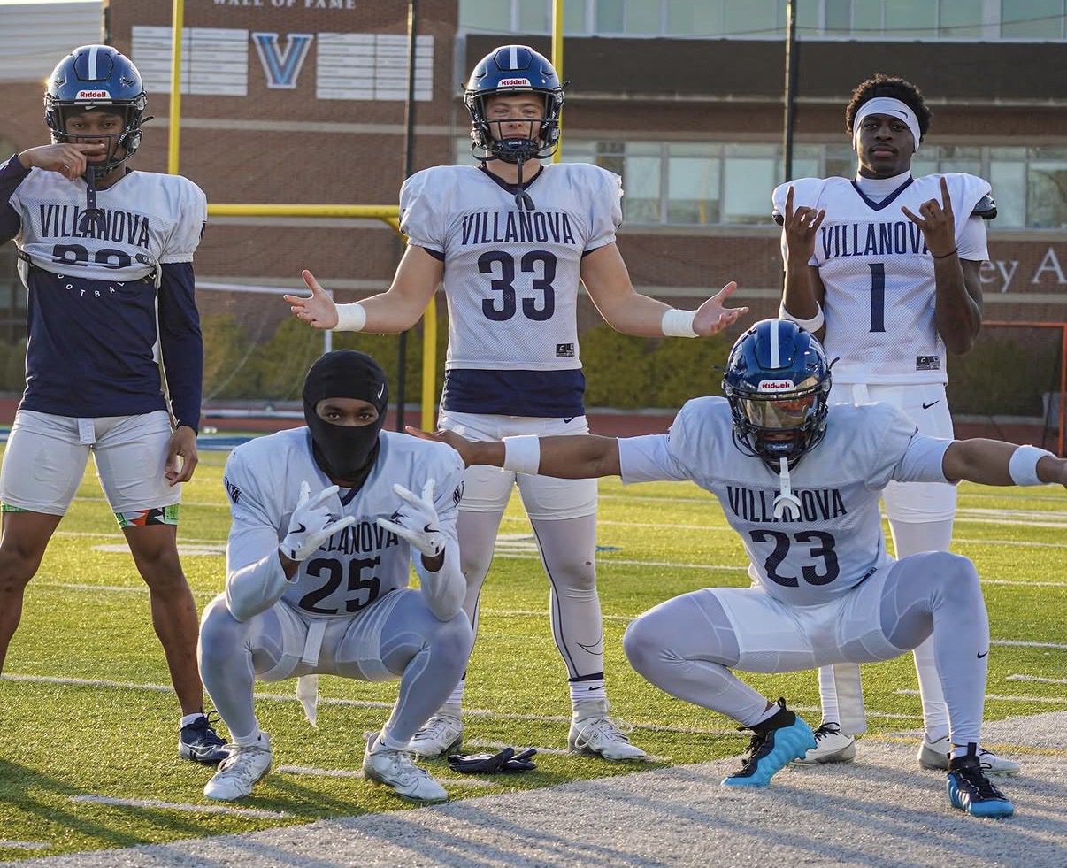 Villanova Football secondary members Samir Wilkins (top left), Ian Files (33), Newton Essiem (1), Amari Jackson (25), and Jamie Tyson (23). Image courtesy of Jamie Tyson's Instagram account.