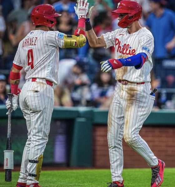 Phillies infielders Luis Arraez and Trea Turner celebrate during an August 8 loss to the Blue Jays. Image courtesy of Phillies' Instagram account.