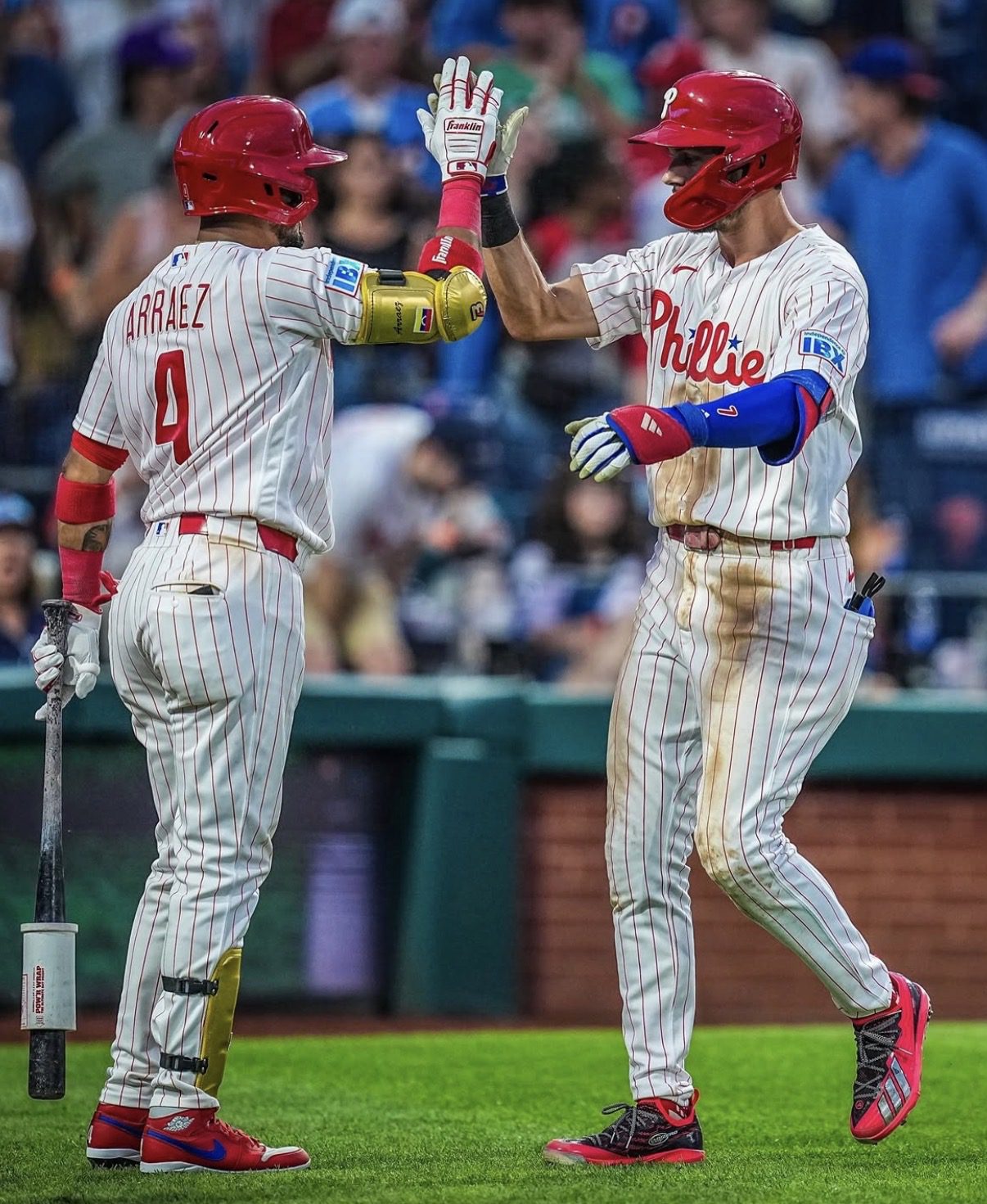Phillies infielders Luis Arraez and Trea Turner celebrate during an August 8 loss to the Blue Jays. Image courtesy of Phillies' Instagram account.